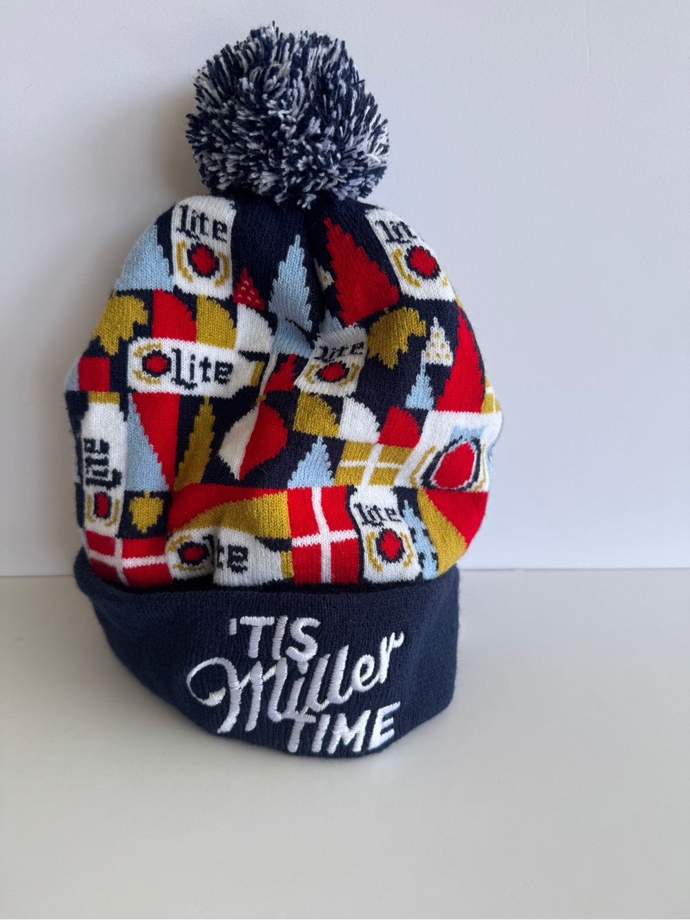 Miller Time unisex Pom Pom Beanie - Navy, Red, Yellow, Light Blue